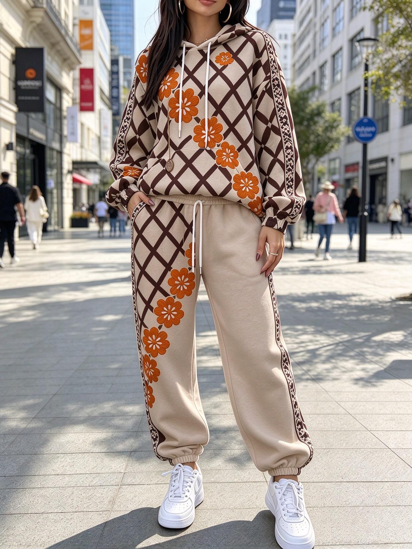 Women Grid Floral Print Hooded - Joggers Pants recension och pris